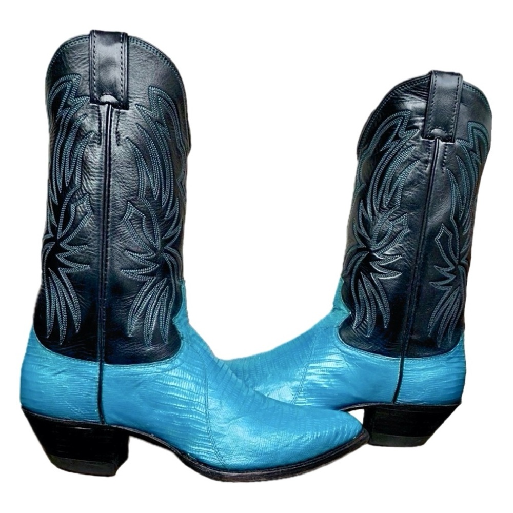 SOLD JUSTIN BOOTS Vintage Turquoise Black Cowboy Boots Cowgirl Western Womens 8 - Picture 1 of 7